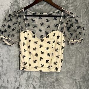 Hot Topic Womens Medium Mushroom Mesh Puff Sleeve Crop Top Ivory Black Goth EUC